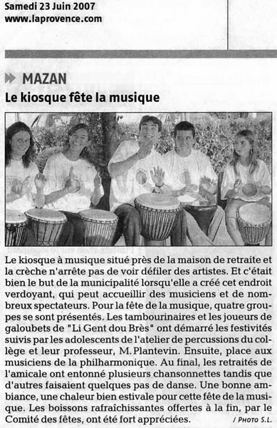 Article du journal "La Provence" : fête de la musique 21 juin 2007